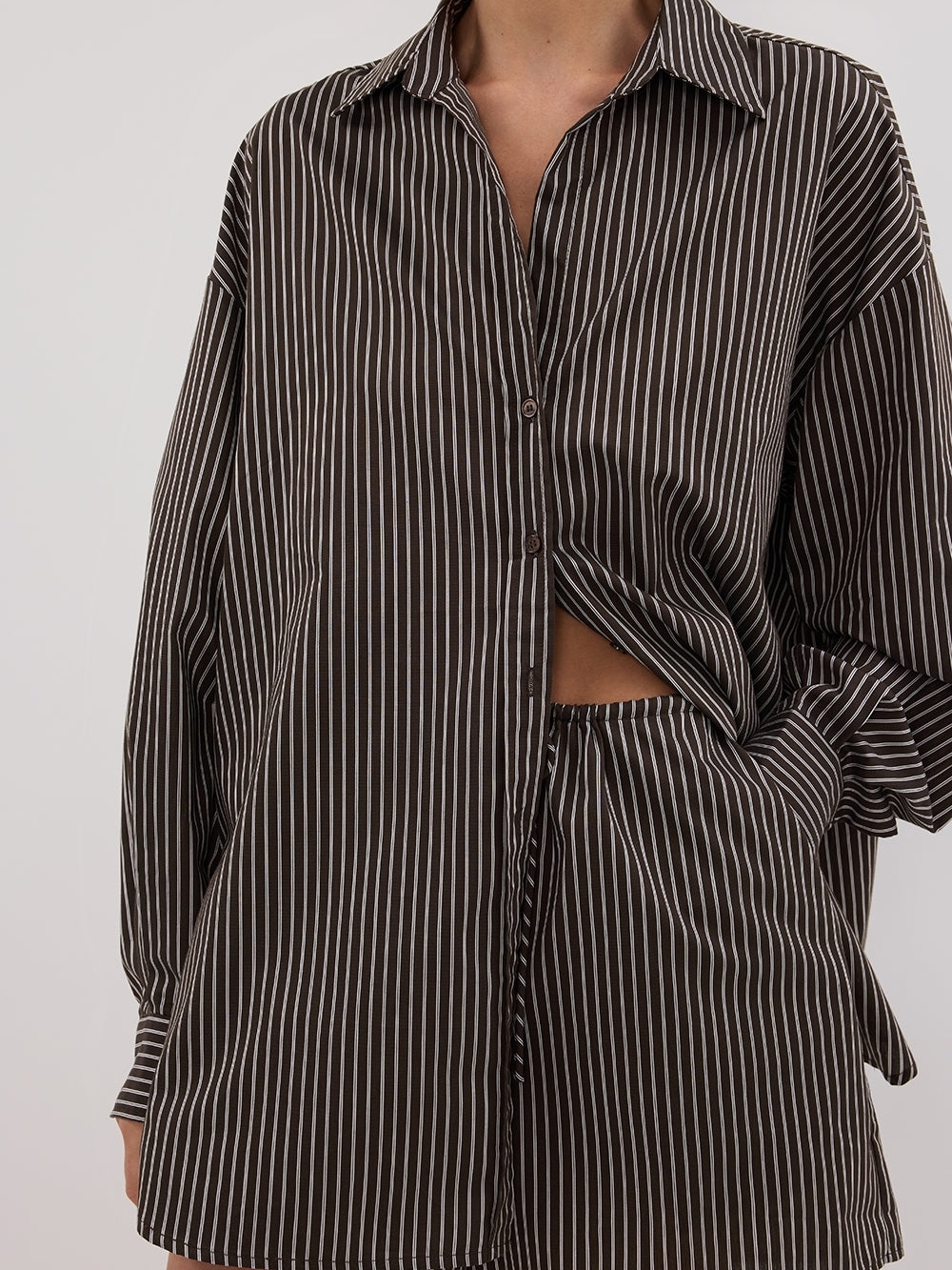 DISSH Brown and White Striped Shirt And Short Set - Picture 2 of 11